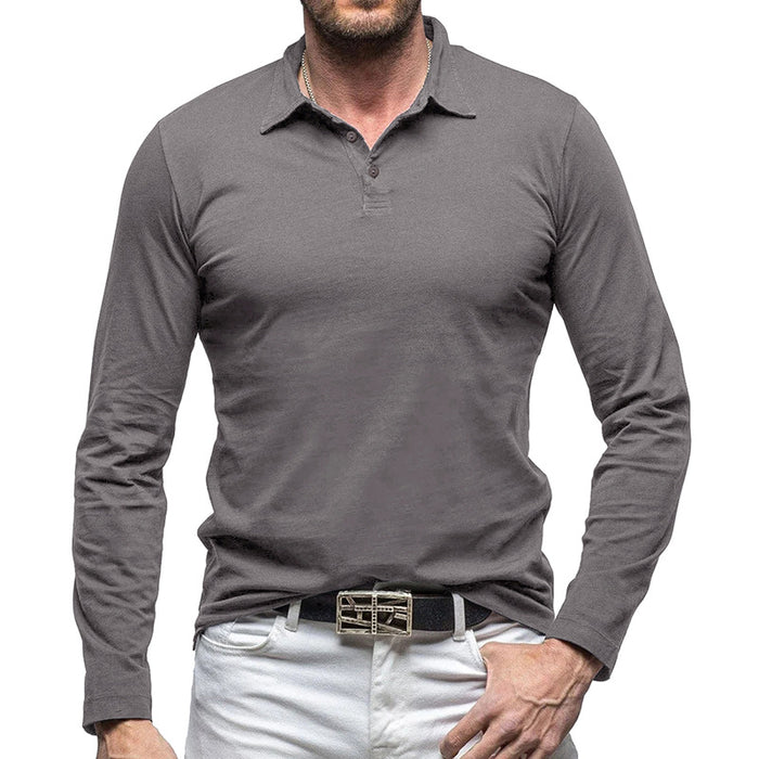 Men's Pure Cotton Long-sleeved Polo Shirt. Outdoor Autumn and Winter Lapel Men's T-shirt Solid Color