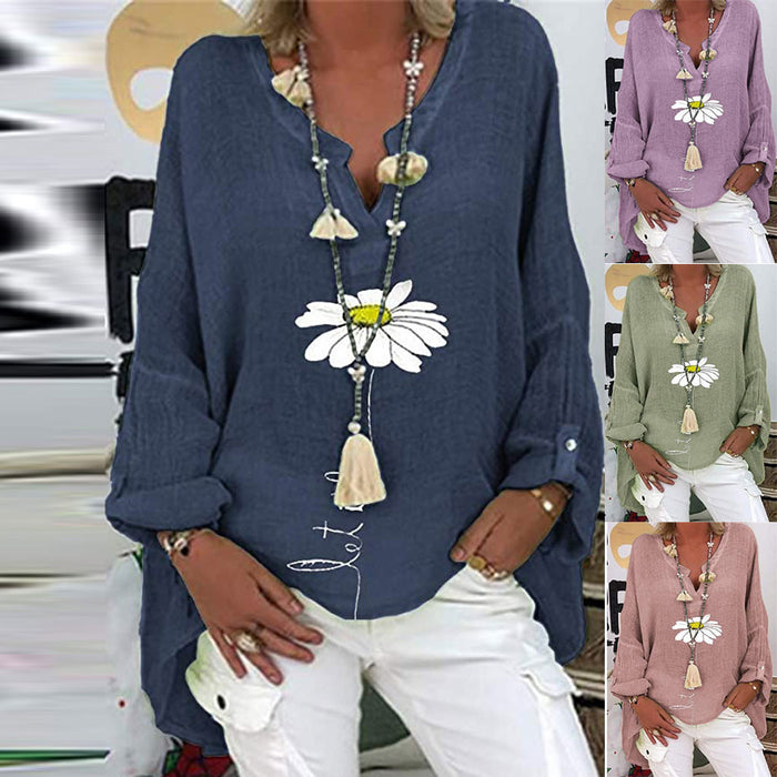 V-neck Cotton and Linen Printed Women Shirts.  Large Size Lady Tops, Ebay Amazon Hot Style