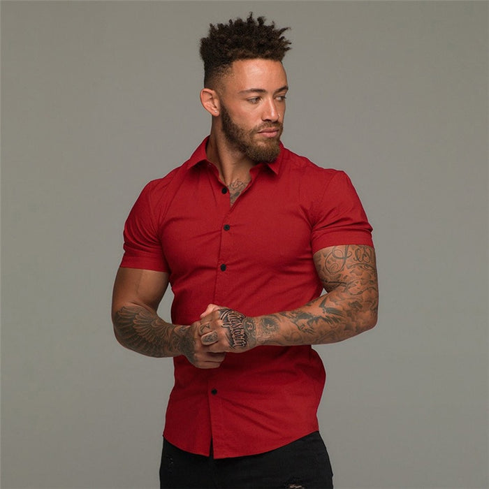 Super Slim Fit Solid Summer Short Sleeve Men Shirt. Male Social Business Dress Shirt Brand Men Gym Fitness Sport Clothing