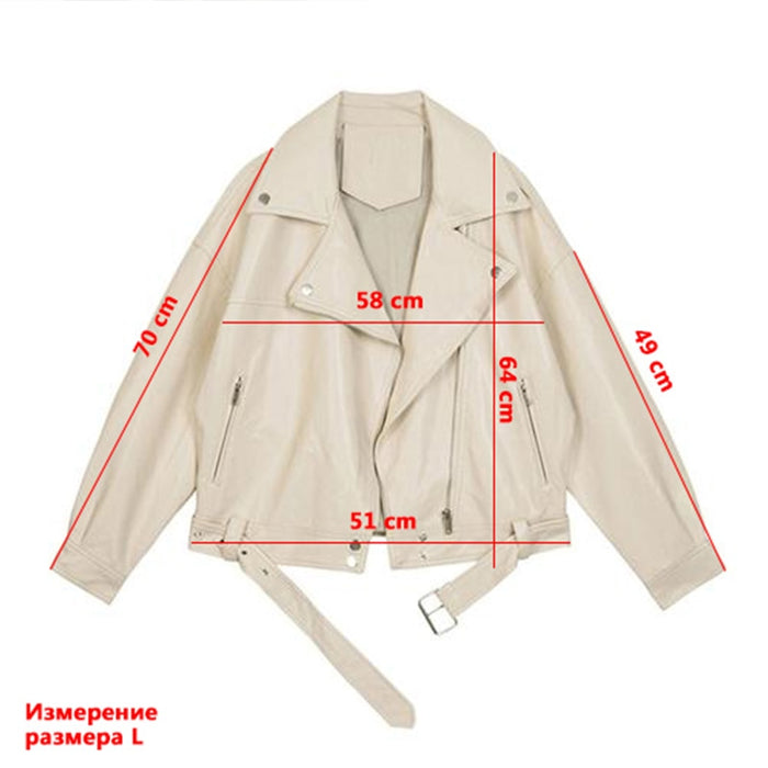 Women Leather Motorcycle Jacket. Pu Leather Female With Belt Solid Color Jackets Lady Loose Casual Jacket