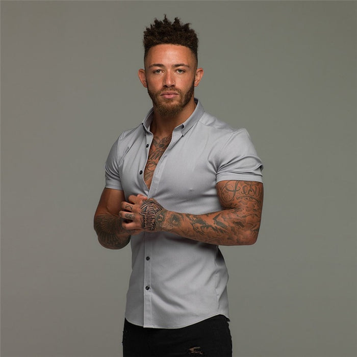 Solid Short Sleeve Men's Shirt. Super Slim Fit Male Social Business Dress Shirt Brand Men Gym Fitness Sport Clothing