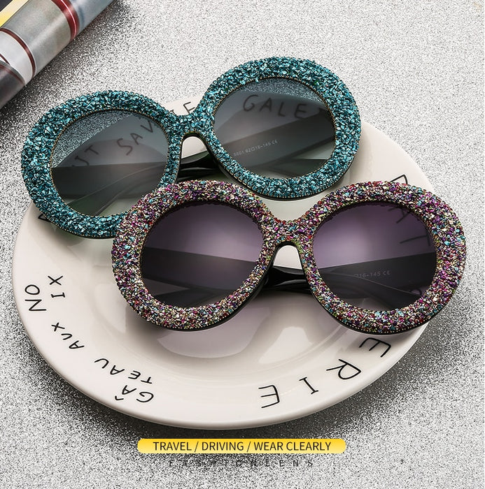 Luxury Oversized Women Sunglasses. Vintage Rhinestones Sun Glasses Round Frame Gradient Mirror Shades