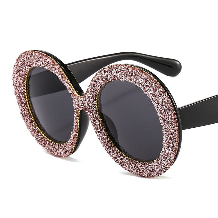 Luxury Oversized Women Sunglasses. Vintage Rhinestones Sun Glasses Round Frame Gradient Mirror Shades