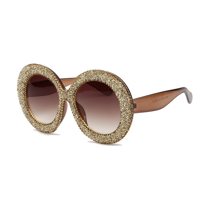 Vintage Rhinestones Luxury Oversized Women Sunglasses. Sun Glasses Round Frame Gradient Mirror Shades