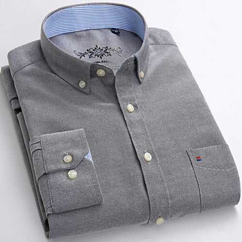Men's Long Sleeve Solid Oxford Shirts. Men Casual Regular-fit Single Patch Pocket Button Down Thick Plaid Checked Striped Tops Shirt