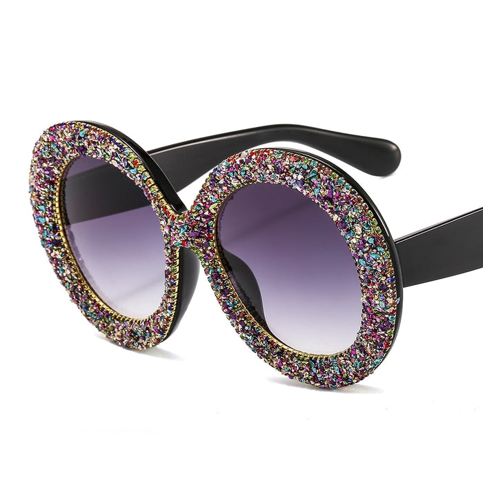 Oversized Luxury Women Sunglasses. Vintage Rhinestones Sun Glasses Round Frame Gradient Mirror Shades