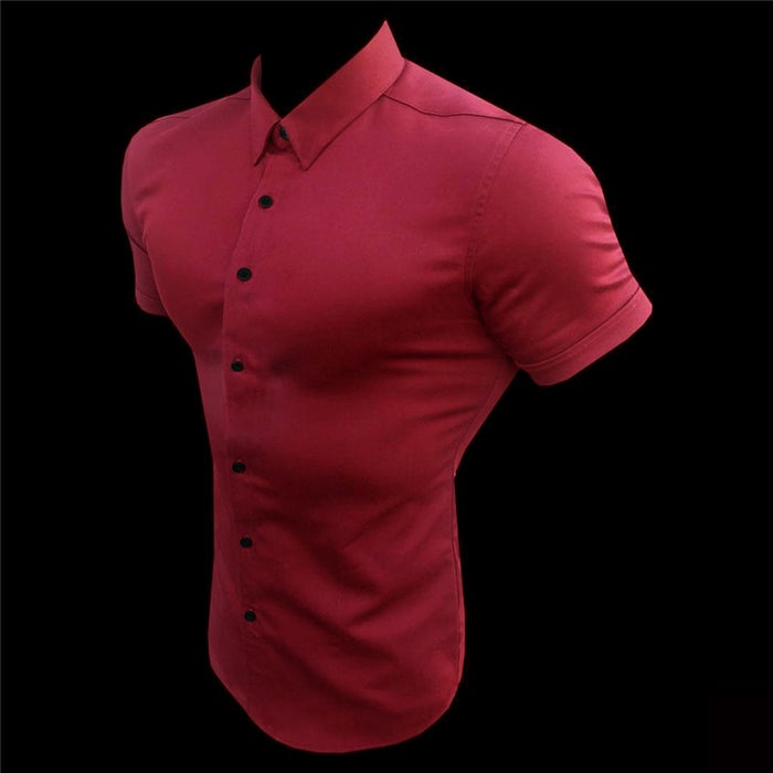 Solid Short Sleeve Men's Shirt. Super Slim Fit Male Social Business Dress Shirt Brand Men Gym Fitness Sport Clothing