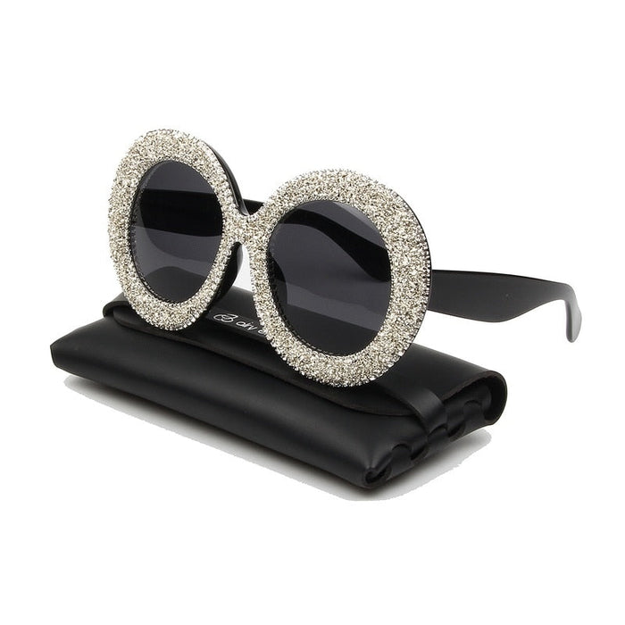 Vintage Rhinestones Luxury Oversized Women Sunglasses. Sun Glasses Round Frame Gradient Mirror Shades
