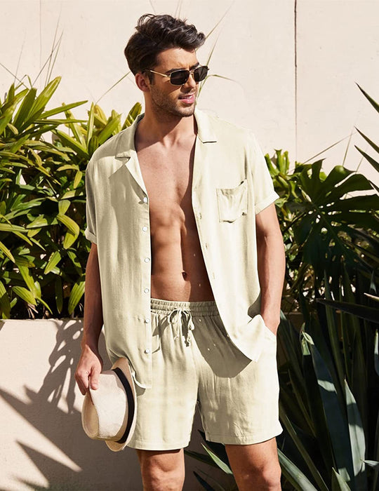 Cotton Linen Men's Casual Shirt and Short  2-Piece Suit Summer Set. Outdoor Clothes Pajamas Breathable Beach Short Sleeve Sets