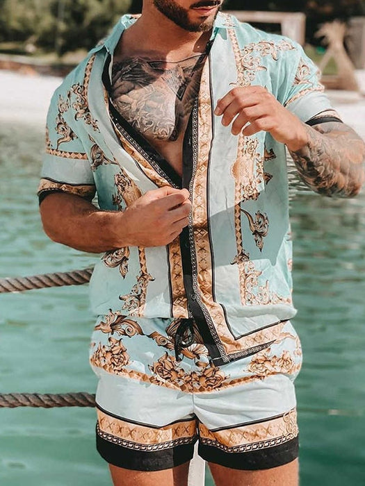 Short Sleeve Shirt + Beach Shorts Men Sets, Summer Casual Streetwear Print Patchwork Lapel Vacation Hawaiian Suits Men S-3XL