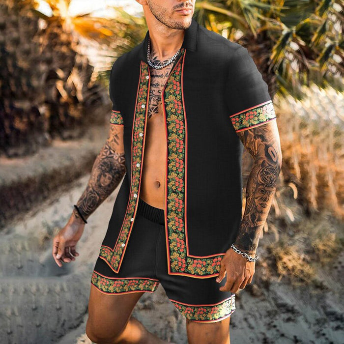 Short Sleeve Shirt + Casual Beach Shorts Men Sets, Summer Streetwear Print Patchwork Lapel Vacation Hawaiian Suits Men S-3XL