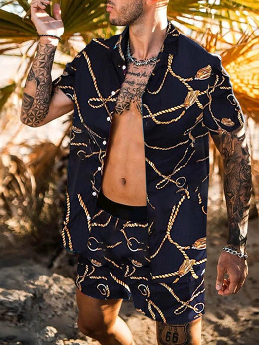 Short Sleeve Shirt + Casual Beach Shorts Men Sets, Summer Streetwear Print Patchwork Lapel Vacation Hawaiian Suits Men S-3XL