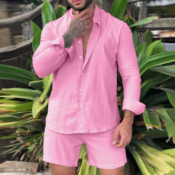 Men's Summer Sets Linen Cotton Long Sleeve Button Shirts + Beach Casual Shorts Sports Suit