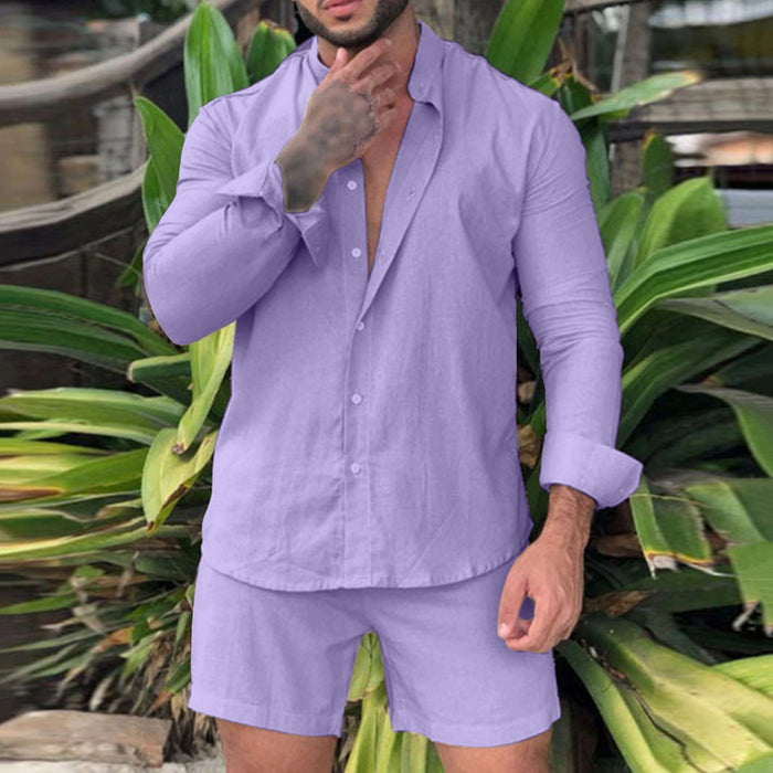 Men's Summer Sets Linen Cotton Long Sleeve Button Shirts + Beach Casual Shorts Sports Suit