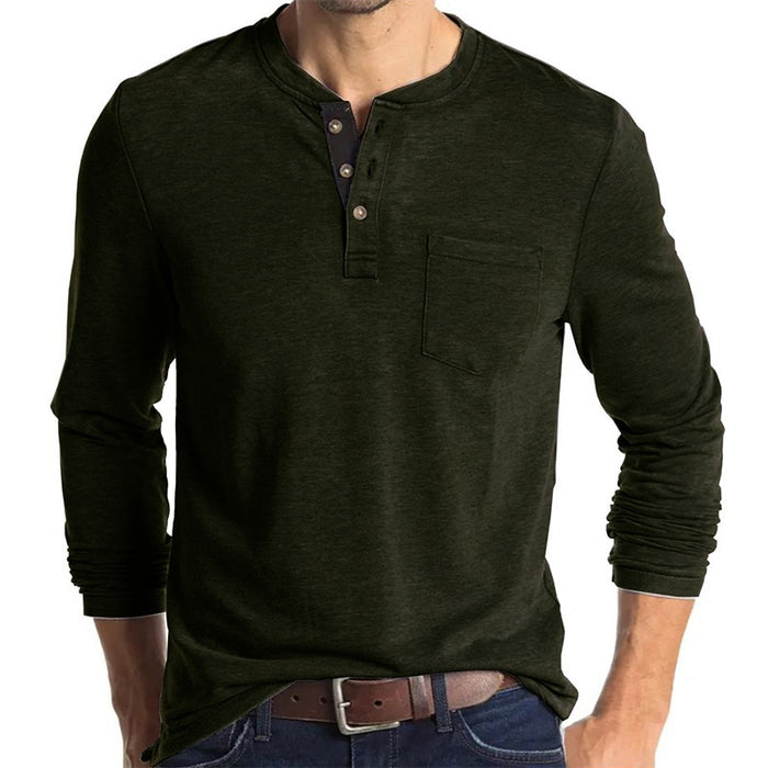 Long Sleeved Henley Collar Men's T-shirts. Single Breasted Solid Casual Top Pocket TShirt Soft Men Shirt for Autumn