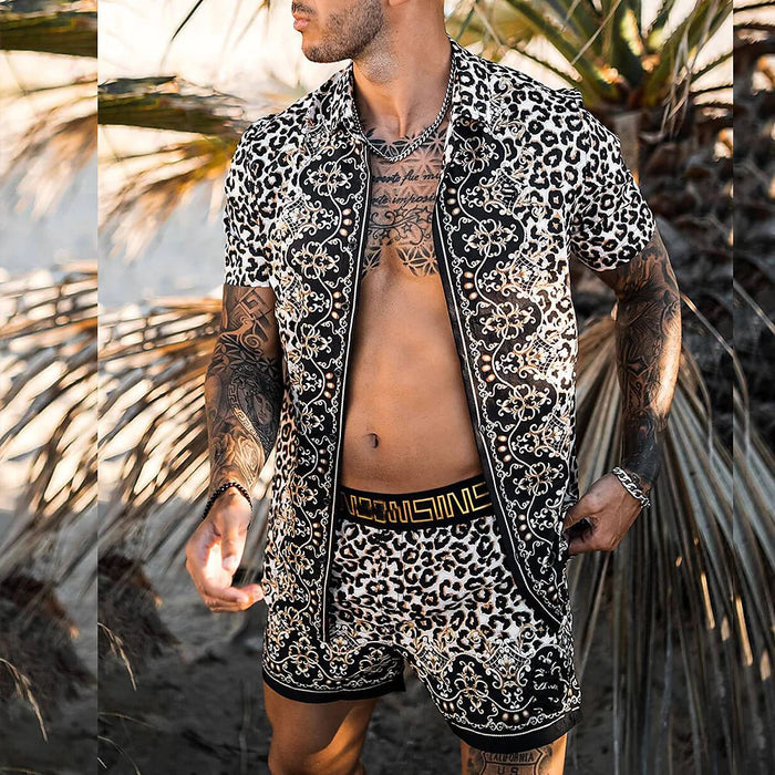 Short Sleeve Shirt + Beach Shorts Men Sets, Summer Casual Streetwear Print Patchwork Lapel Vacation Hawaiian Suits Men S-3XL