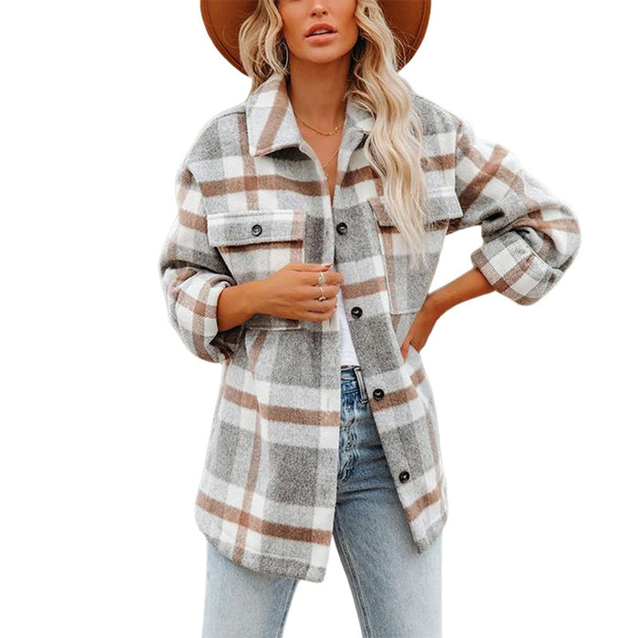 Women's Plaid Long Sleeve Lapel Button-Down Shirts  Jacket. Wool Blend Shacket Coat Casual Women Tops Woman Outwear with Pocket Jackets Autumn Winter Spring
