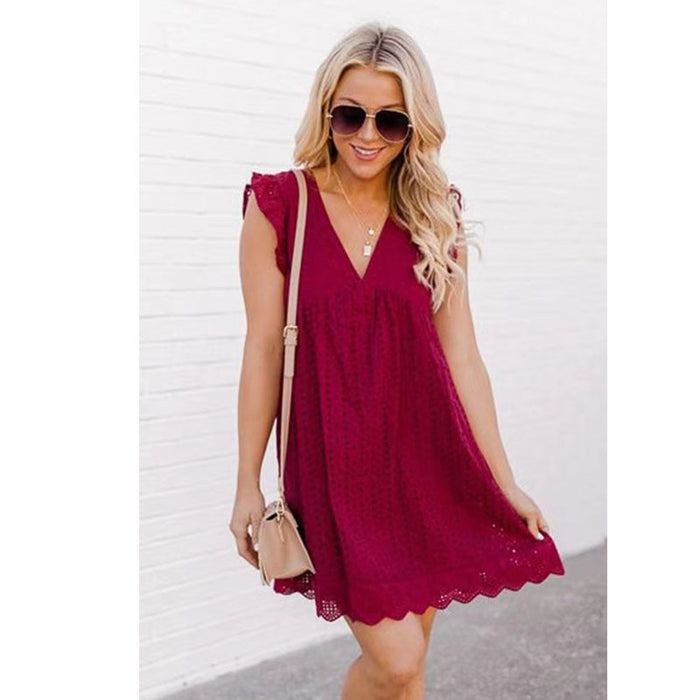 Women's V-neck Summer Short Sleeve Lace Dress. Hollow Casual Lady Dress Ladies A Line Party Dresses