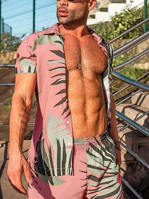 Short Sleeve Casual Shirt + Beach Shorts Men Sets, Summer Streetwear Print Patchwork Lapel Vacation Hawaiian Suits Men S-3XL
