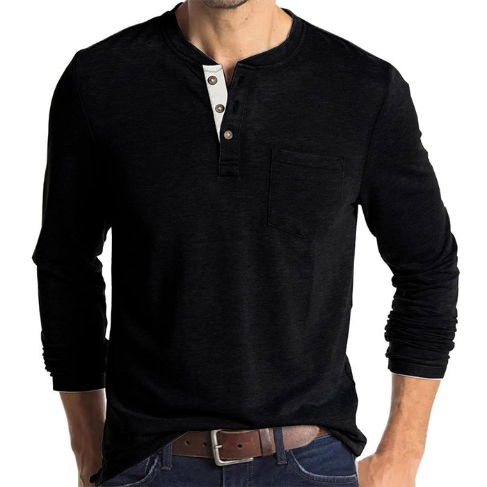 Long Sleeved Henley Collar Men's T-shirts. Single Breasted Solid Casual Top Pocket TShirt Soft Men Shirt for Autumn