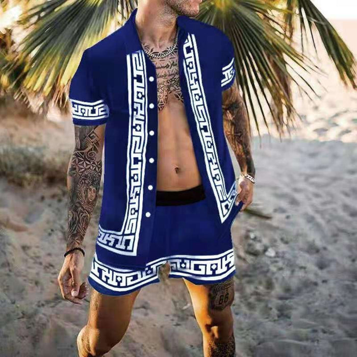 Short Sleeve Casual Shirt + Beach Shorts Men Sets, Summer Streetwear Print Patchwork Lapel Vacation Hawaiian Suits Men S-3XL