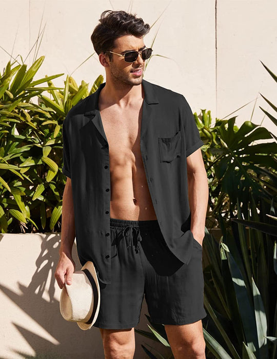 Cotton Linen Men's Casual Shirt and Short  2-Piece Suit Summer Set. Outdoor Clothes Pajamas Breathable Beach Short Sleeve Sets