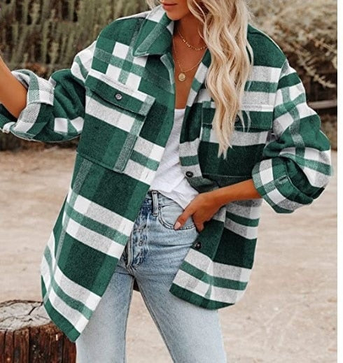 Women's Plaid Long Sleeve Lapel Button-Down Shirts  Jacket. Wool Blend Shacket Coat Casual Women Tops Woman Outwear with Pocket Jackets Autumn Winter Spring