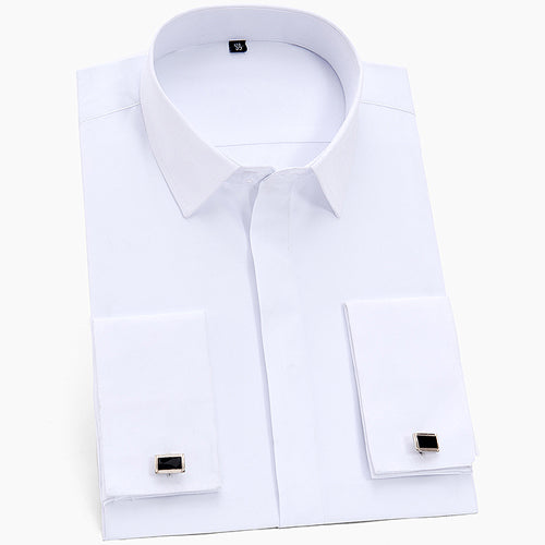 Classic French Cuffs Solid Men's Dress Shirt. Covered Placket Formal Business Standard-fit Long Sleeve Office Work White Shirts