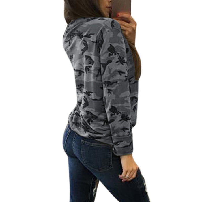 Women Long Sleeve Slim T-Shirt. Camouflage Print Fashion V-Neck Lace-up Lady Tops Army Style Casual Female TShirt Tee
