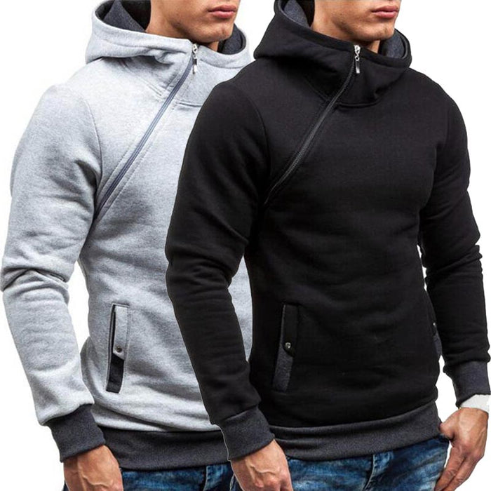 Casual Solid Men's Hoodies Diagonal Zipper Long Sleeve Hoodie Sweatshirts. Men Hoody Pullover Sweatshirt Hooded Sweat