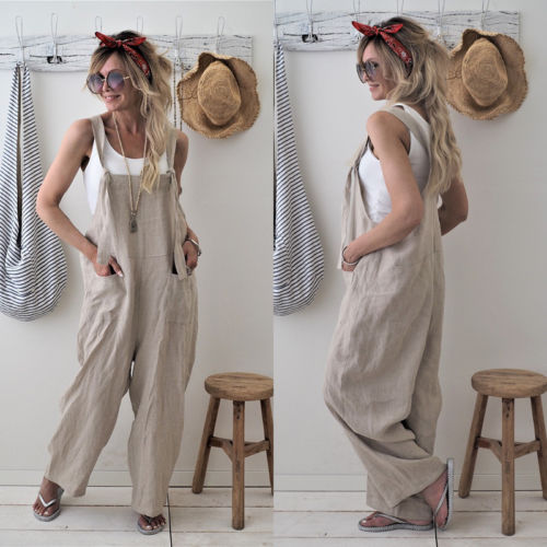 Casual Loose Cotton Women Rompers. Linen Solid Pockets Jumpsuit Overalls Wide Leg Cropped Pants