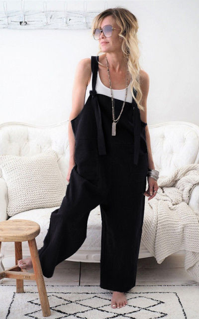 Casual Loose Cotton Women Rompers. Linen Solid Pockets Jumpsuit Overalls Wide Leg Cropped Pants