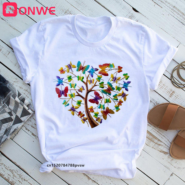 Tree Print Woman Summer Tshirts. Casual Round Neck Short Slee Top Tee Shirt