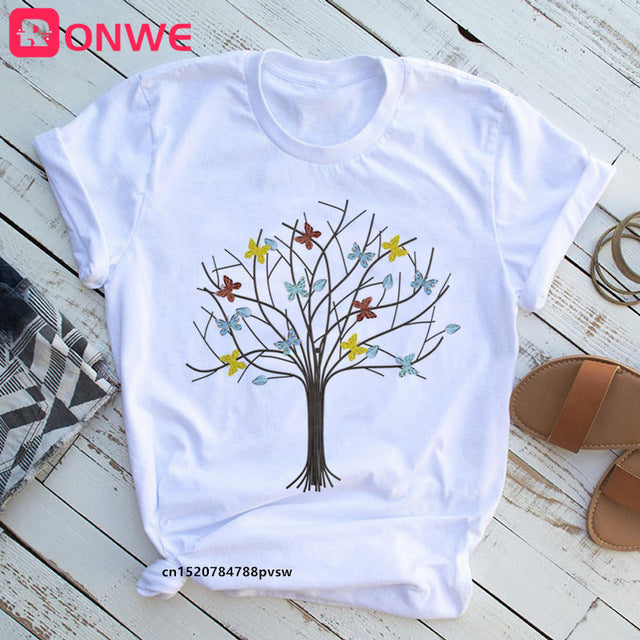 Tree Print Woman Summer Tshirts. Casual Round Neck Short Slee Top Tee Shirt