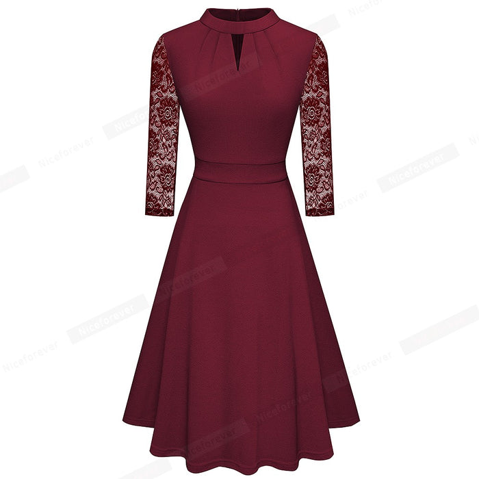 Women Dress, Autumn Solid Color With Hollow Out Lace Patchwork Retro Dresses Business Party Flare Swing