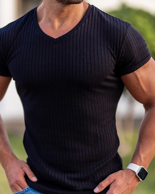 Slim Fit V-Neck Short Sleeve Men T Shirt. Fitness Sports Strips T-shirt Male Solid Fashion Tees Tops Summer Knitted Gym Clothing