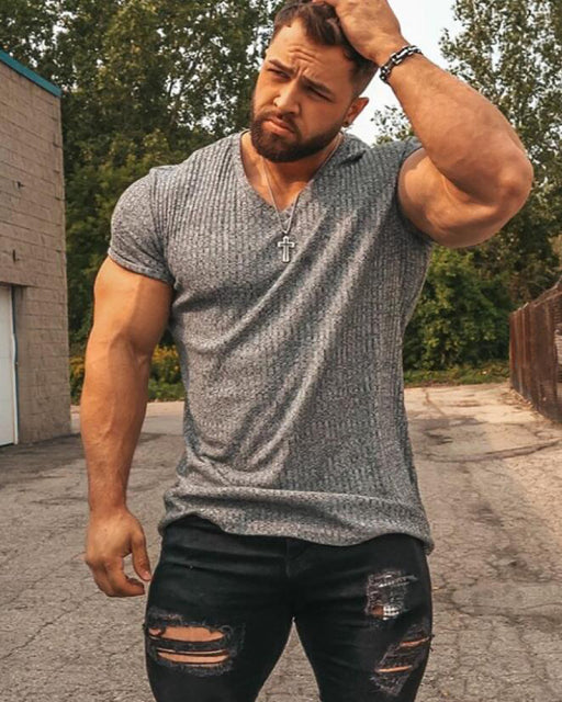 V Neck Short Sleeve Men T Shirt. Fitness Slim Fit Sports Strips T-shirt Male Solid Fashion Tees Tops Summer Knitted Gym Clothing