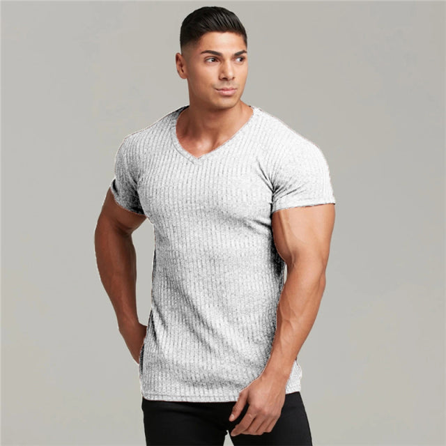 V Neck Short Sleeve Men T Shirt. Fitness Slim Fit Sports Strips T-shirt Male Solid Fashion Tees Tops Summer Knitted Gym Clothing