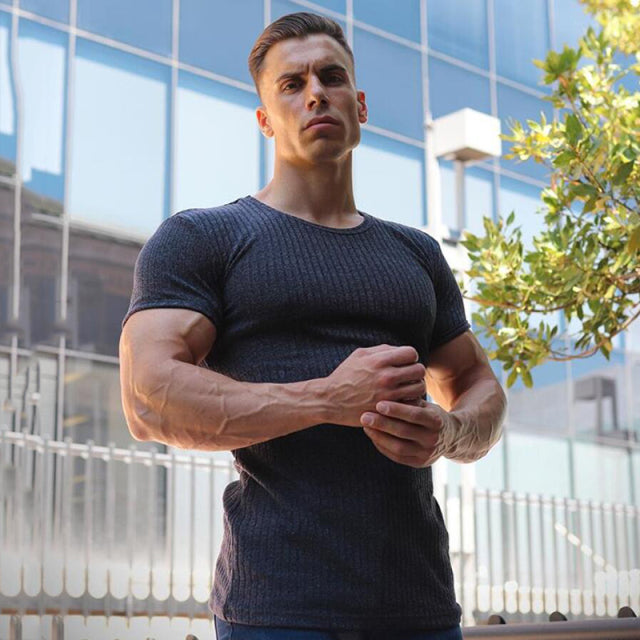 Slim Fit V-Neck Short Sleeve Men T Shirt. Fitness Sports Strips T-shirt Male Solid Fashion Tees Tops Summer Knitted Gym Clothing