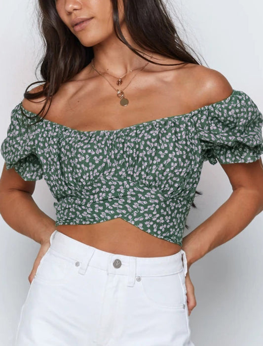 Chic Floral Print Ruffles Cropped Women Blouse Tops. Bow Tie Short Sleeve Sexy Square Collar Summer Shirts Blouses