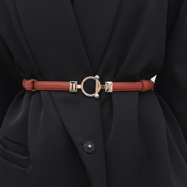Adjustable PU Leather Ladies Dress Belts. Skinny Thin Women Waist Belts Strap Gold Color Buckle Female Belts