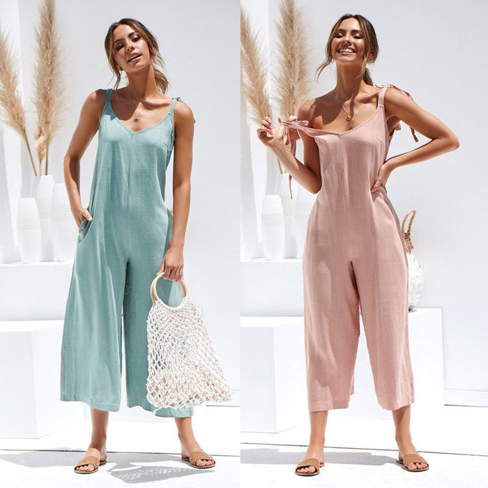 Summer Women Sleeveless Rompers. Loose Jumpsuit O Neck Casual Backless Overalls Trousers Wide Leg Pants
