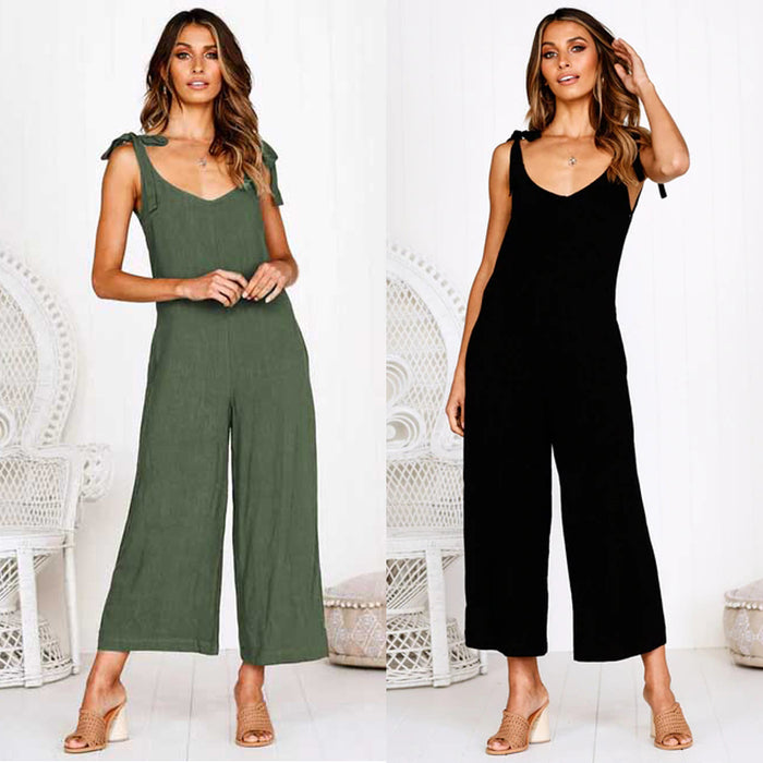 Summer Women Sleeveless Rompers. Loose Jumpsuit O Neck Casual Backless Overalls Trousers Wide Leg Pants