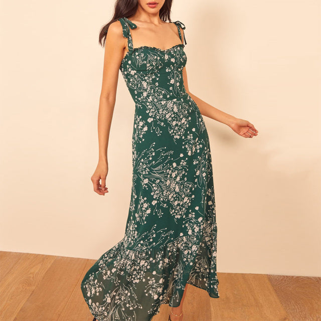 Vintage Elegant Floral Sleeveless Women Maxi Dresses. Sweetheart Neck Strap Tie Ruffle Hem Summer Beach Prom Dress