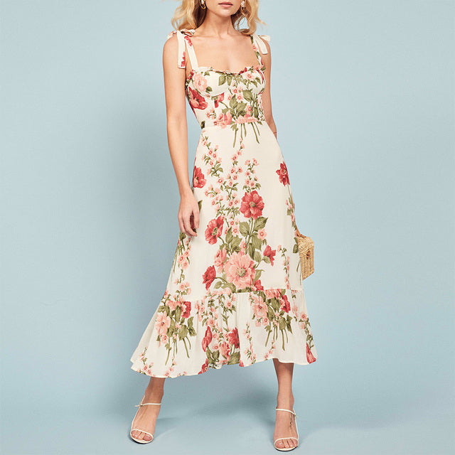 Sweetheart Neck Strap Tie Ruffle Hem Elegant Vintage Floral Sleeveless Women Dresses. Prom Dresses, Summer Beach Dress