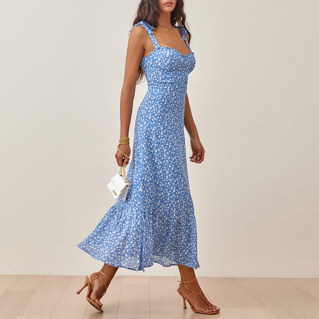 Vintage Elegant Floral Sleeveless Women Maxi Dresses. Sweetheart Neck Strap Tie Ruffle Hem Summer Beach Prom Dress