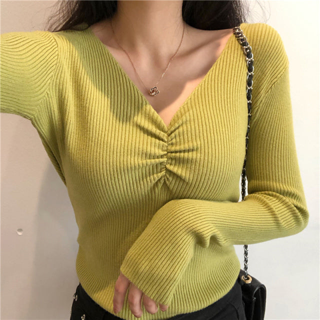 V-Neck Women Sweater, Autumn Knitted Pullover Jumper Chic Soft Sexy Slim Long Sleeve