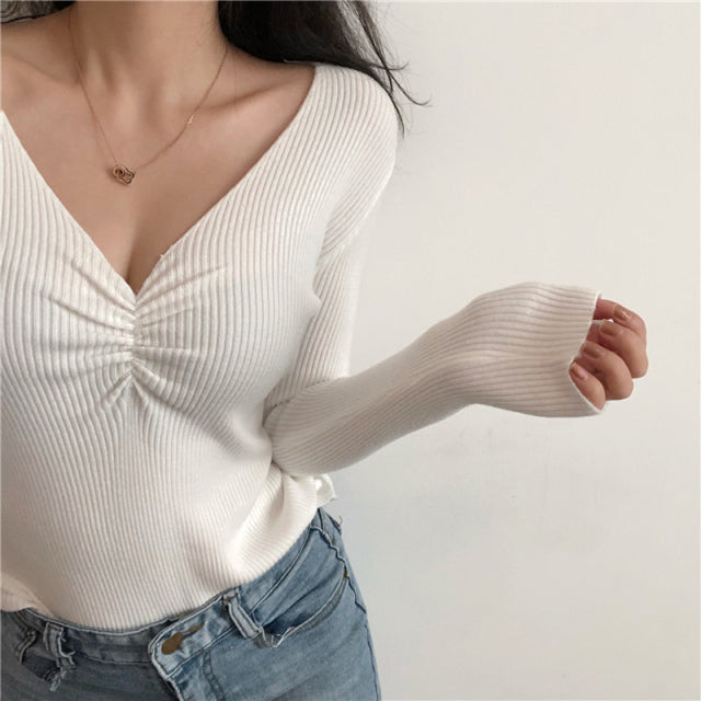 V-Neck Women Sweater, Autumn Knitted Pullover Jumper Chic Soft Sexy Slim Long Sleeve