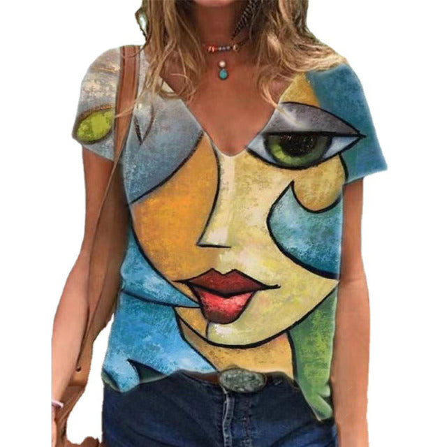 V Neck Women Tshirt. Summer Casual Oversize Print Shirt Tops Loose Vintage Female Tee Streetwear Y2K Short Sleeve Clothes S-5XL