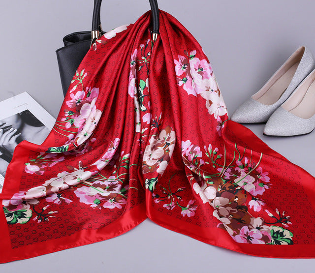 Kerchief Silk Satin Neck Scarf For Women. Print Hijab Scarfs Female 90*90cm Square Shawls and Wraps Scarves For Lady